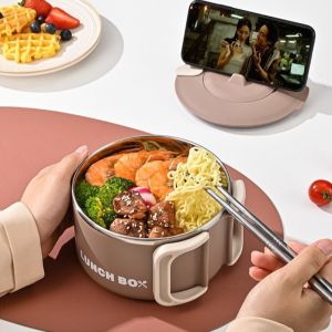 HISTO With Lid Noodles Ramen Bowl With Handle Large Capacity Lunch Box Portable 304 Stainless Steel Fruit Salad Rice Soup Bowl Tableware
