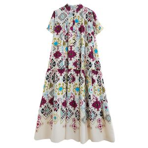 XITAO Casual Print Female Dress  Stand Collar Pullover Women Summer Appear Thin Temperament Dress DMJ1427
