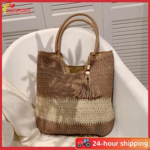 【HOSPORT】Summer Hand-Woven Handbags Contrast Color with Tassels Weaving Underarm Bag Large-Capacity Handmade Fashion Simple for Seaside Holiday