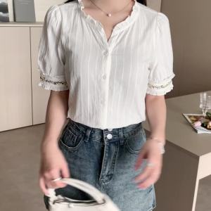 AMMIN 2025 Summer New Pastoral Style Ruffle Flower Embroidery Design Short Sleeve Shirt for Women Korean Style Literary Embroidered Fashion Pure Cotton Comfortable Single-Breasted Elegant Blouse