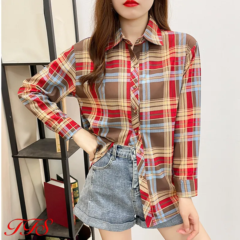 Women's Long Sleeve Shirt Plus Size Loose Casual Plaid Shirt