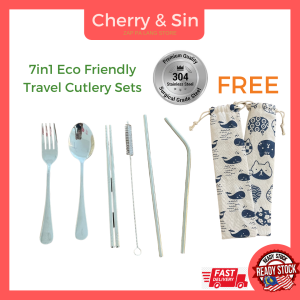 U & I 7In1 6pcs 304 Stainless Steel Portable Cutlery Set for Travel/Office/Outdoor with Chopstick Spoon Fork Eco Straw 7