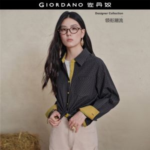Giordano Women Contrast trim long sleeve plaid shirt Free Shipping 18346106