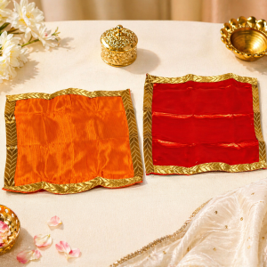 Silk Finish Pooja Cloth Aasan Mat Set with Gold Border | Red & Orange Vastram for Aarti Temple Festive & Home Pooja Decor | 13x13 Inch(Set of 2 Pcs)