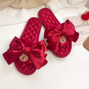 Free Shipping Matching CoupleS Embroidered Round-Toe Wedding Slippers Suitable For Bride And Groom For Wedding Photos Made Of Satin All-Season Festive Red For Both Men And Women