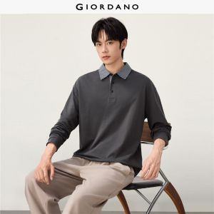 GIORDANO Men Polo Shirts Contrast Striped Collar Cotton Polo Shirts Long Sleeve Fashionable Casual Relaxed Polo Shirts 13016610