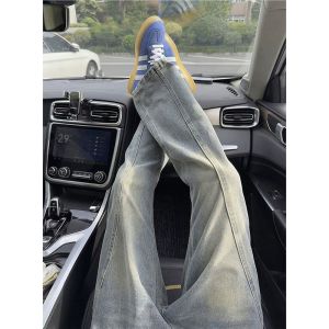 Vintage Blue Diagonal Cut Flared Jeans for Men Autumn American High Street Style vibe Pants cleanfit Straight-leg Scimitar Pants