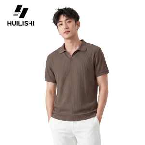 HUILISHI Men Solid Forest Green Vertical Ribbed Knit Polo Shirts V Lapel Collar Loose Breathable Light Business Short Sleeve Top