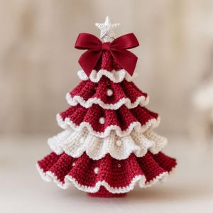 BURNNELL Multi-layered Crochet Christmas Tree Kit DIY Handmade Yarn Christmas Tree Material Kit Romantic with Bow and Fake Pearl Crochet Christmas Tree Handicrafts Parent-Child Activities