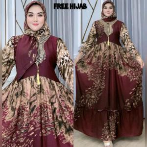 Gamis Wanita Renda Sharma Free Hijab STANDART & JUMBO Bahan Katun Rayon Ld 110-120 Pb 138