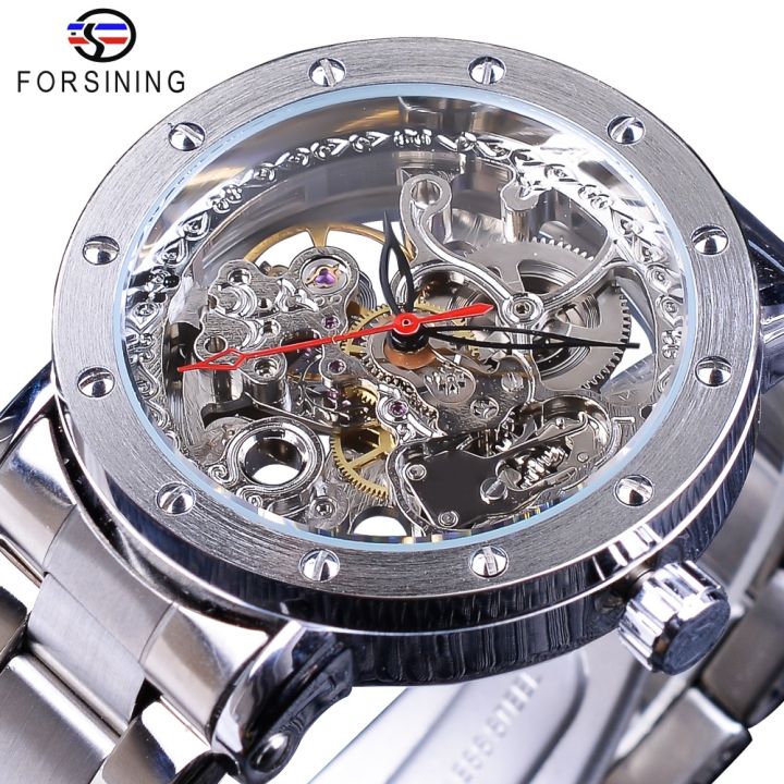 Forsining watch pointer silver stainless steel belt mechanical