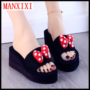 MANXIXI Brand Fashion Beautiful 2.36 Inches Wedge Sandals Cute Bow Anime Mouse Rubber Sole Sturdy Slippers For Women (Size 34-39)