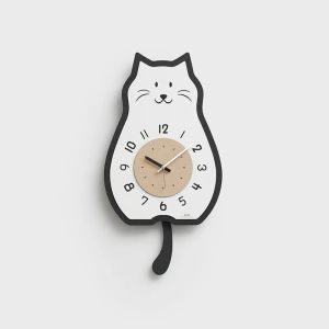 Cute Cat Shaped Wall Clock with Swinging Tail Silent Non-Ticking Quartz Clock Warm Backlight Clear Numerals Decor Wall Clock