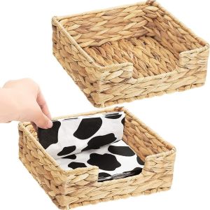 JEHUA Square Water Hyacinth Napkin Holder Straw Woven Natural Hand Towels Storage Tray Multifunctional Countryside Style Woven Napkin Holder for Home