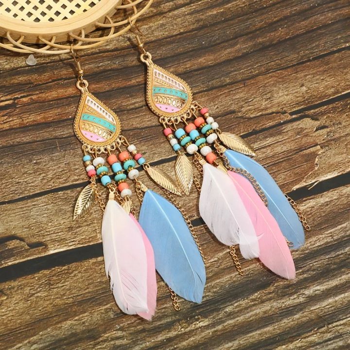 Bohemian Colorful Feather Tassel Earrings For Women Ethnic Beads