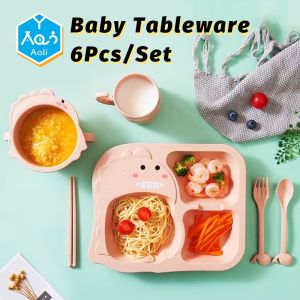 Aoli 6Pcs/ Set Baby Cartoon Dinosaur Tableware Childrens Dinnerware Set Home Anti-hot Wheat Straw Training Plate Kids Feeding Dishes