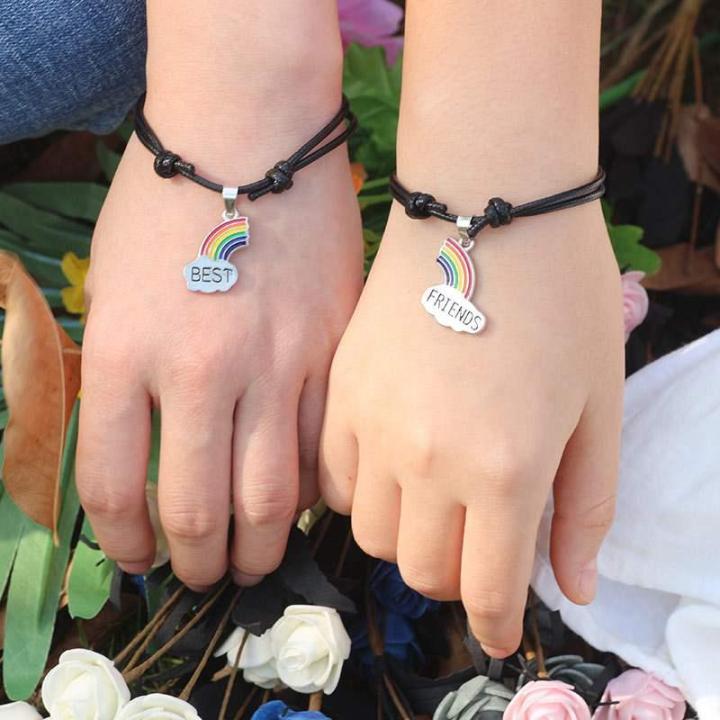 Couple Bracelets, 2 Pcs Adjustable Cuban Chain Magnetic Heart Hand In Hand  Bracelets Matching Promise Best