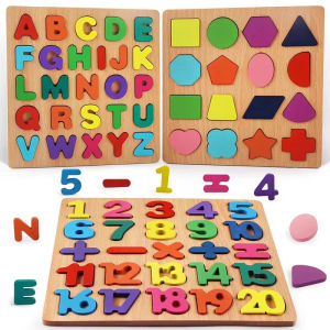 ZEEMIN Montessori Wooden Puzzles Hand Grab Boards Number Alphabet Shape Animals Matching Baby Wood Puzzle Games Toys for Kids 1-2 Years