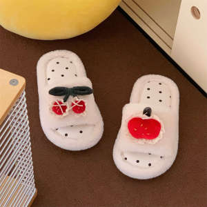 XIXITIAO Apple เชอร์รี่หวานปุยรองเท้าแตะผ้าฝ้ายสำหรับผู้หญิงรองเท้าบ้านสไตล์เกาหลีฤดูใบไม้ร่วงและฤดูหนาว