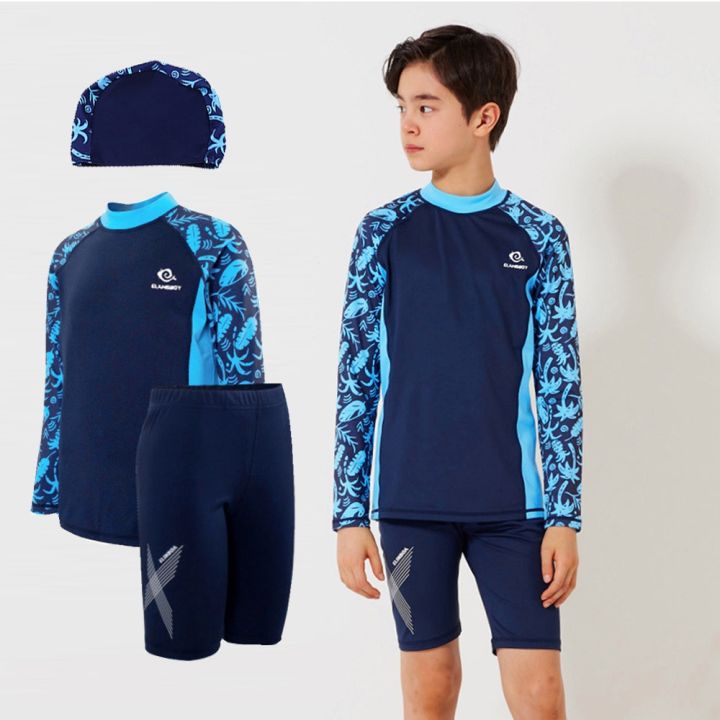9-14Yrs Youth Kids Swimwear Long Sleeve Top+Pant+Swim Cap