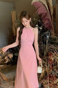 French A-Line Halter Dress Women Vacation Style Adjustable Waist Cut-Out Sleeveless Long Dress