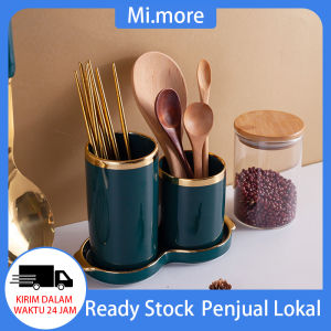 Mi.more Tempat Sendok Makan Keramik 2 Tabung List Gold Motif Totol Glossy / Spoon Storage Double Tube List Gold