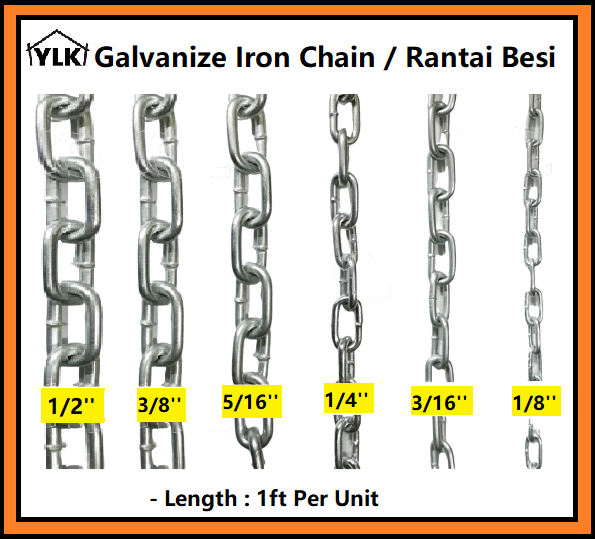 YLK【Sell By Feet Feet】 GI Galvanized Iron Chain / Rantai Besi (3/8