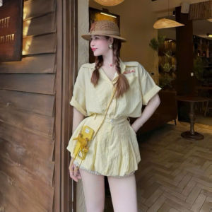 Set 3 món đồ nữ mặc hè set đi biển xinh sọc chất Kate áo dây trong kèm chân váy bí ngắn có lót quần phối Ren mix áo khoác sơ mi thêu cộc tay dễ thương