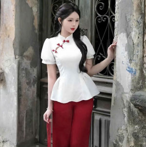 Outfit đi chùa set thiết kế mặc Tết chất Gấm áo hoa tay búp cổ tàu đính ngọc ba nơ kèm quần Tuyết Nhung