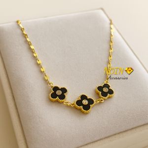 Kalung Titanium Emas Wanita Motif Bunga Hitam Elegan ✨ Anti Karat | Kalung Fashion Premium Kekinian Tahan Lama