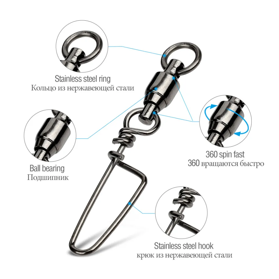 10PCS Stainless Steel Bearing Swivel Hooks Connector Rotating Lure