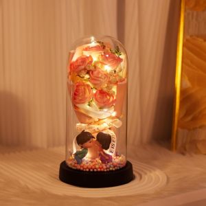 UNDATA Đầy màu sắc Hoa hồng vĩnh cửu với Dây Đèn Tượng đôi tình nhân Đồ trang trí bàn làm việc Vĩnh cửu Hoa giả chạm thực Đồ trang trí bó hoa Quà tặng độc đáo
