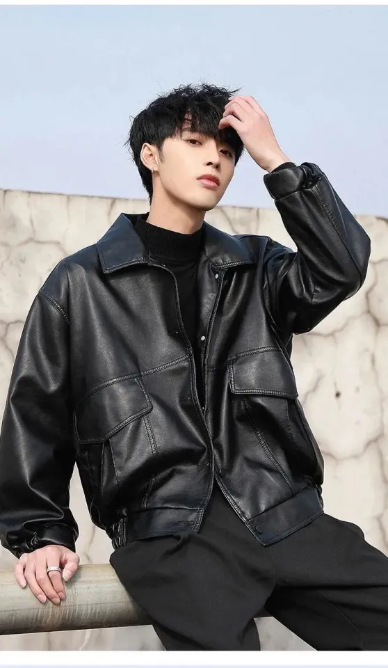 Korean fashion leather on sale jacket