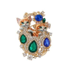 JPTD Vintage Two Cat Brooch Exquisite Metal Enamel Cat Lapel Pin Delicate Light Luxury Imitation Rhinestone Brooch Gifts
