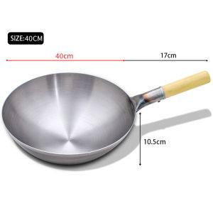Fypo Handmade Iron Wok with Wood Handle Thicken Iron Pot Rounded Bottom Traditional Chinese Wok Non-coated Iron Pan Gas Stove Kitchen Cookware Stir-Fry Pans