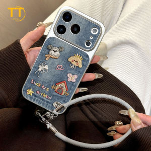 Tri-Town Denim Embroidery Pattern Design Leather Phone Case For iPhone 11 16 17 15 14 13 12 Pro Max Cover with Phone Strap #EY33