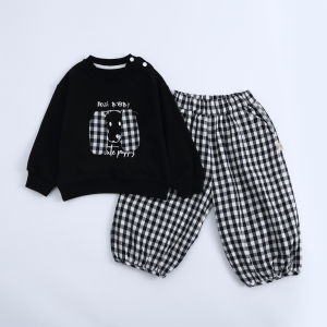 Boys autumn clothing 2026 Korean-style childrens clothing baby set autumn style childrens sweatshirt and plaid pants two-piece set