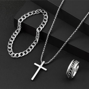 COD Punk Cross Jewelry Set Necklace Bracelet Ring Gothic Chain for Men 3pcs Stainless Steel Jewelry Gift