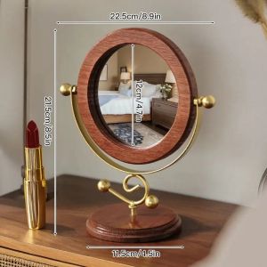 FFBH Wood Makeup Mirror Rotating Dressing Mirror Retro Desktop Household Desktop Dormitory Decorative Mirror Bedroom Home Decoration M1Y4T