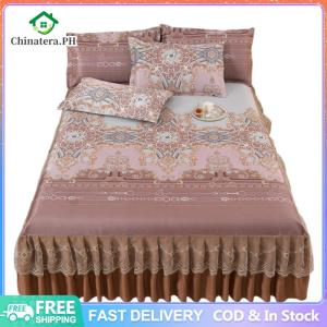 3pcs Retro Ice Silk Bed Skirt Set with Ruffle Bed Valance Lace Bedspread with 2 Pillowcases Elegant Home Decoration