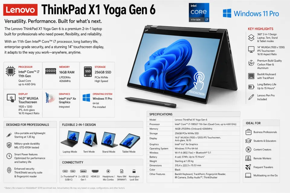 Windowsノート本体 ThinkPad X1 Yoga Gen 6 / i7/16GB/256GB Lenovo ThinkPad X1 Yoga Gen 6 Intel Core i7 11th Gen 16GB RAM