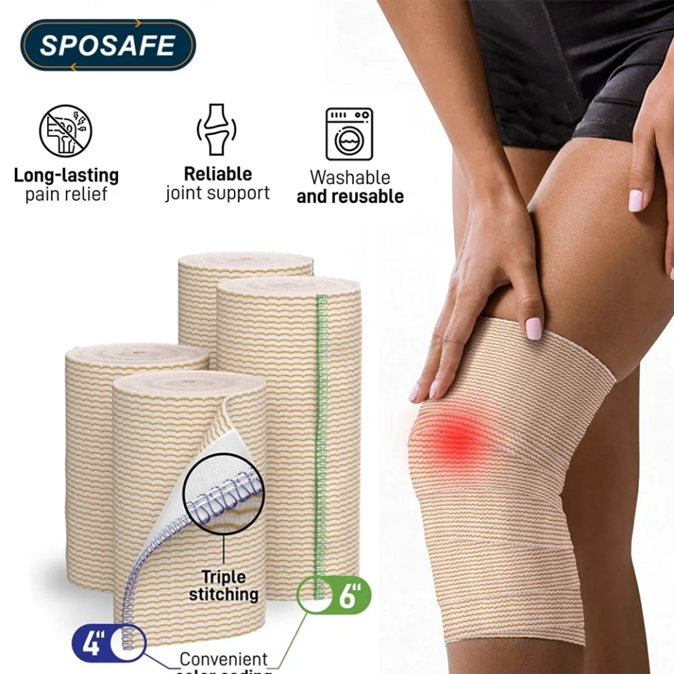 Elastic Compression Bandage Wrap - Premium Quality (Set of 4) with Hooks,  Athletic Sport Support Tape Rolls