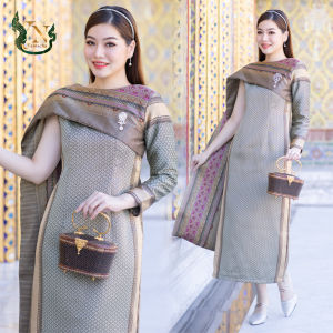 ชุดเดรส ผ้าไหม มณีจันทร์ ลายแพรวา ลายดอกพิกุล ทรงสไบข้าง - ชุดออกงาน ชุดไปงาน ชุดทำบุญ