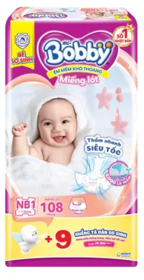 Miếng lót tã sơ sinh Bobby Newborn số 1-108 miếng tặng 6 miếng Tã Dán Bobby Size XS (6 miếng tã quần) hoặc gói nhỏ 64 miếng dành cho trẻ dưới 1 tháng tuổi