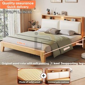 lron Poetry.PH 47-70 INCH Solid Wood Bed Frame With Soft Bag Wooden Bed Frame Double/Queen/King Bed Frame Bedroom