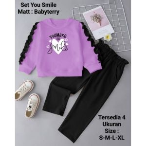 Cod Set Anak Perempuan Viral Motif Sablon Set You Smile Lengan Panjang Bahan Babyterry Setelan Viral 2026