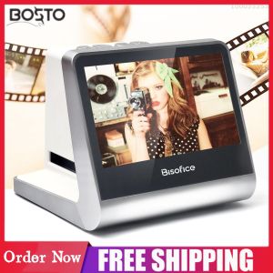 Newest Bisofice Film and Slide Scanner for 135 Film(36*24mm)/126KPK /110 Film/Super8/ Monochrome/Slide to Digital JPEG Photos Built-in 16GB Memory 5 LCD Screen Free APP Support Connect with PC Compute TV Compatible with Windows XP/Vista/7/8/10