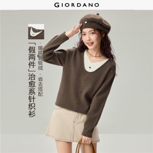 Giordano Beau Monde Women Contrast fake two-piece u-neck sweater Free Shipping 13356631