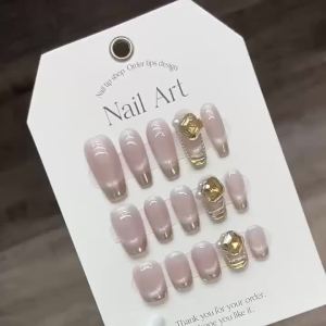 [HANDMADE]Artificial Nail Autumn and Winter Nude Cats Eye Magic Mirror French Amber Gemstone Pearl Chain Phototpy Nails Reusable and Removable Nails