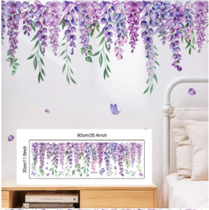 Purple Wisteria Wall Sticker 90x30cm – Elegant DIY Removable Wall Decal featuring Beautiful Hanging Wisteria Flowers and Green Leaves. Perfect for Bedroom Bedside Living Room Study Room Office or Balcony Wall Decoration. Made of Eco-Friendly PVC Mate
